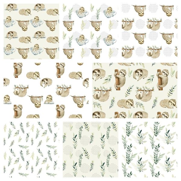 Watercolor Sloths Fabric Collection - 1 Yard Bundle Discount