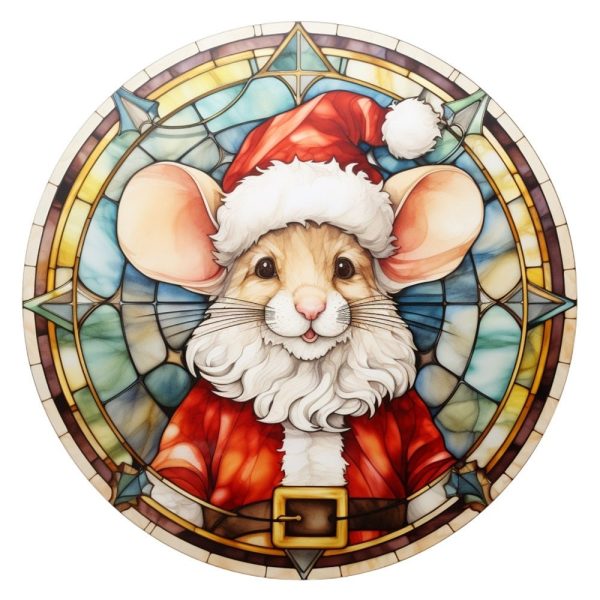 Stained Glass Santa Mouse Fabric Panel For Sale