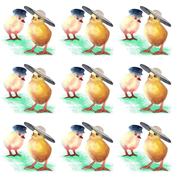 Watercolor In Grass Chickens Wearing Hats Fabric For Sale