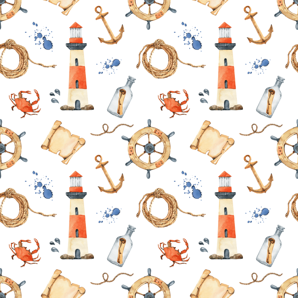 Watercolor Allover Nautical Fabric - White Sale