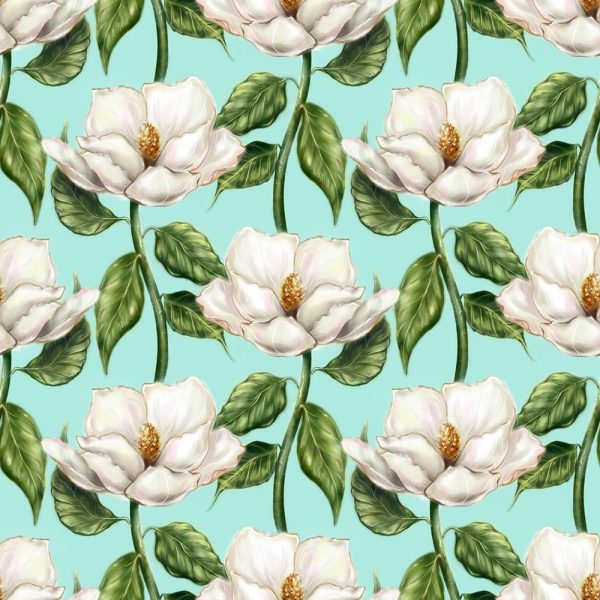 Watercolor Magnolia On Vine Fabric - Blue Online now