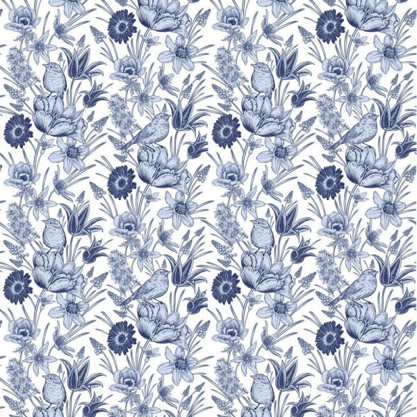 Vintage Spring Flowers and Birds Fabric - Blue White For Sale
